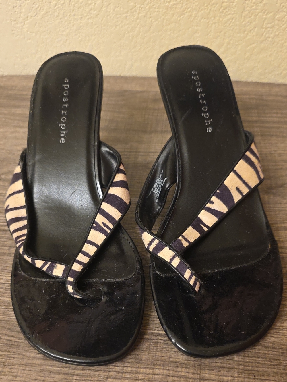 Apostrophe Black Kitten Heel with Beige Zebra-Print Straps Size 9